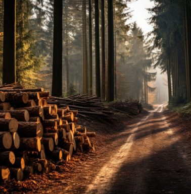 Log trunks pile, the logging timber wood industry. Cut trees along a road prepared for removal. Generative AI illustration