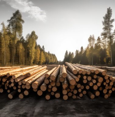 Lumber in the forest, cut wooden logs in the stack. Logging, harvesting wood for fuel and firewood.